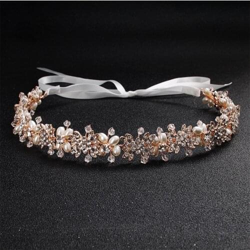 SLBRIDAL Golden Wired Rhinestone Crystal Pearls Wedding Headband Bridal Hair Vine Hair Accessories Bridesmaids Women Jewelry