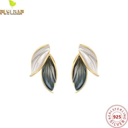 925 Sterling Silver Black White Leaves Stud Earrings For Women Original Design Fashion Female Fine Jewelry