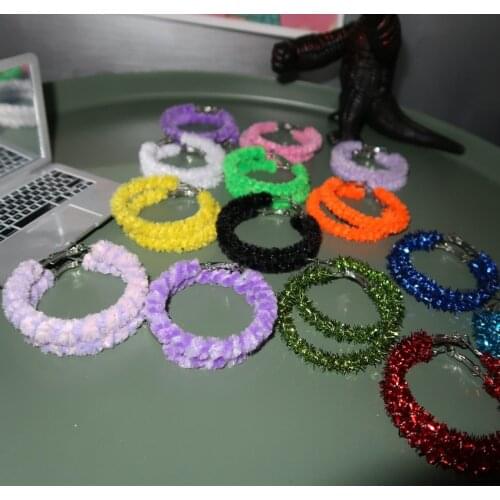 Boho Colorful Plush Big Circle Hoop Earrings Unique Cool Shining Party Girl Geometric Earrings Circle Harajuku Female Jewelry