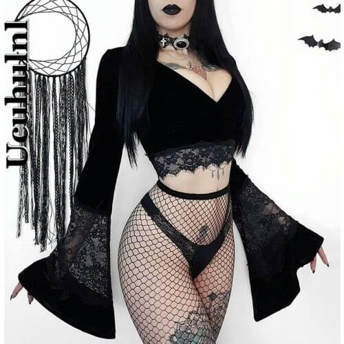 Ucuhulnl Sexy Women Gothic Crop Top Flare Long Sleeve Lace Hollow Out Black T-shirt Retro Bodycon Female V-neck Tops Elegant Top