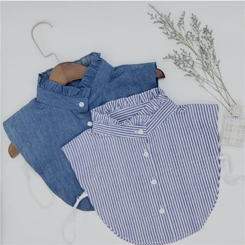 Minimalist Stripes Denim Women Detachable Lapel Fake Collar Cute Doll Ruffles Lace Splicing Button Down False Half Shirt Blouse