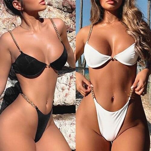 Y1QD Womens Sexy Bikini Swimsuit High Waist Sexy Chain Clause Solid Color Split Two-piece Bikini Swimsuit Beachwear Swimsuit