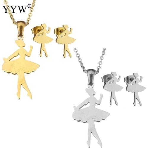YYW Charming Gold Color Dancing Girl Pendant Necklace And Earrings Girls And Women Jewelry Sets For Birthday Gift Free Shipping