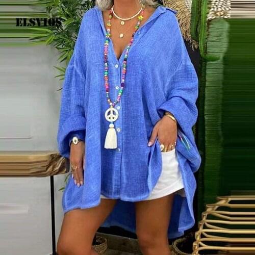 Womens Loose Casual Solid Color Shirt Female Sexy Long Sleeve Boho Button Tops Autumn Fashion Stand Collar Long Cardigan Blouse