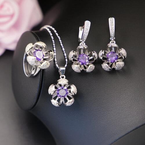Shiny CZ 3D Flower Square Silver Color Jewelry Drop Earrings Necklace Ring Set For Women Wedding/Engagement/Anniversary Gift