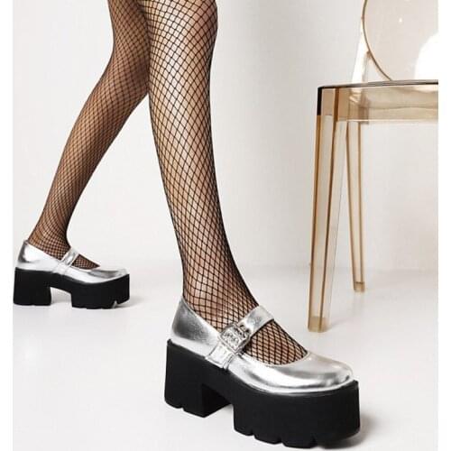 Ochanmeb Square Chunky High Heels Platform Shoes Women Buckled Belt Mary Jane Gothic Shoes Goth Black Gloss PU Leather Punk Shoe