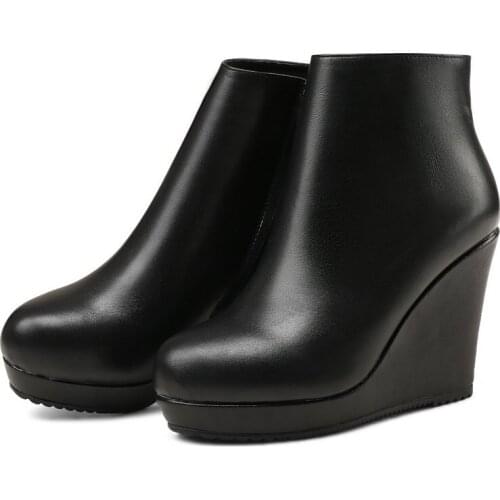 SKLFGXZY winter black Genuine leather women boots ankle Female boots 9cm wedge Waterproof Taiwan Womens shoes Size 34-40