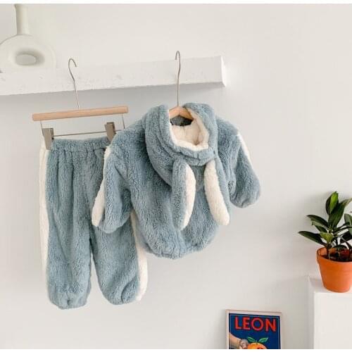 Winter Warm Pijamas Kids Flannel Pijama Set Rabbit Ear Baby Boy Girl Cartoon Printing Pajamas Children Sleepwear Infant Pajamas