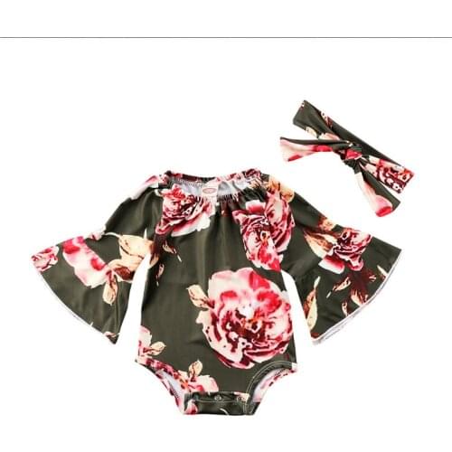 Newborn Infant Baby Girls Clothes Floral Cute Romper Flower Flare Sleeve Jumpsuit+Headband 2Pcs Summer Clothes