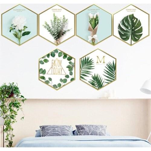 6Pcs/Set Fresh Plant Hexagon Home Wall Stickers Poster Mural Living Room Decorative Picture Frame Wall Decals DIY Decoration
