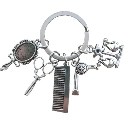 12 Signs Constellations Zodiac Antique Silver Plated Keychain Key Ring Comb Scissors Mirror Hair Drier Barber Shop Style