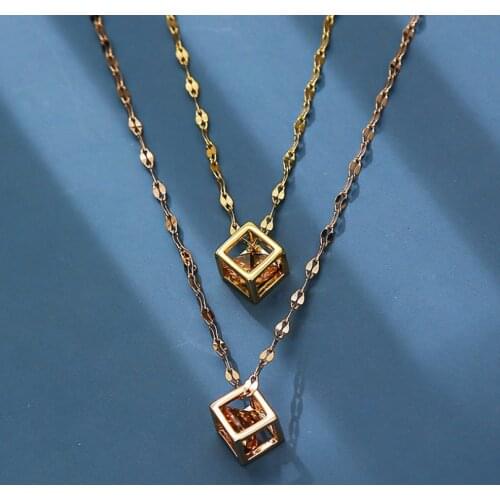 316L Stainless Steel Zircon Crystal Hollow Square Pendant Charms Chain Choker Necklace For Women Fashion Fine Jewelry SAN653