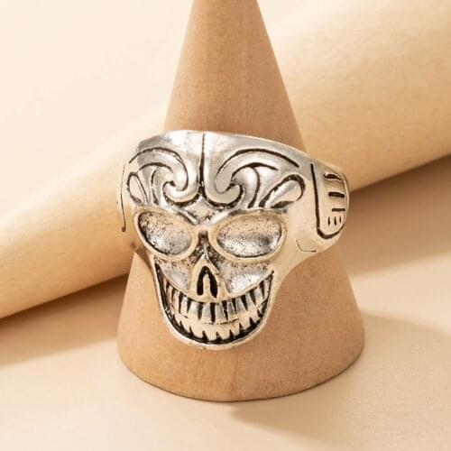 Docona Gothic Skeleton Head Finger Rings for Women Men Punk Silver Color Alloy Metal Halloween Party Statement Jewelry кольц