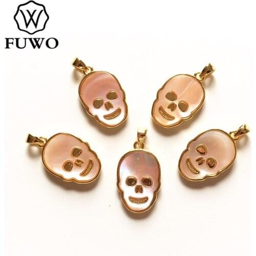 FUWO Wholesale Natural Mother Of Pearl Carved Skull Pendants Gold Trimmed Punk Style Christian Jewelry Finding PD599