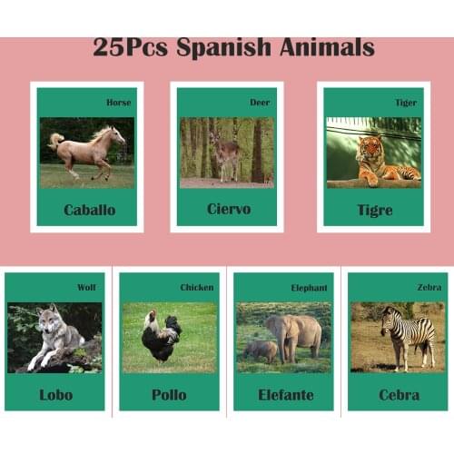 25Pcs Montessori Spanish/English Animal FlashCard Pocket Card Learning Educational Toy English Word Picture Match Game Baby Gift