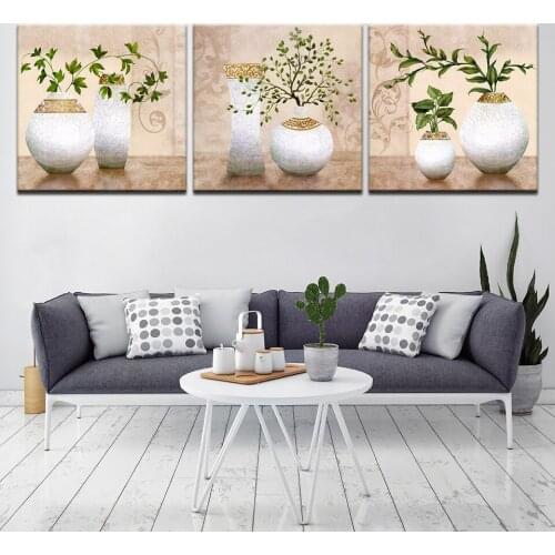 Canvas Paintings Living Room Decor Wall Art 3 Pieces Green Flowers And Vases Poster Modular HD Prints Classic Pictures Framework