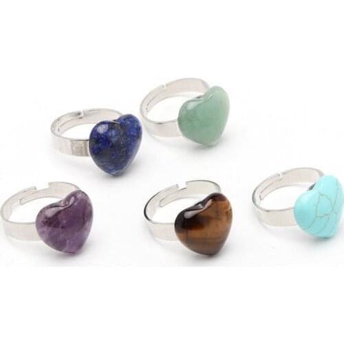 Love Heart Reiki Natural Stone Finger Ring for Men Women Pink Quartz Tiger Eye Lapis Lazuli Adjustable Ring Jewelry Gifts