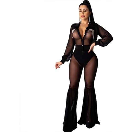 Diamond Tassel Night Party Jumpsuit Women Flare Pants Mesh See-Through Sexy Rompers Womens Jumpsuit Birthday Outfits Overalls