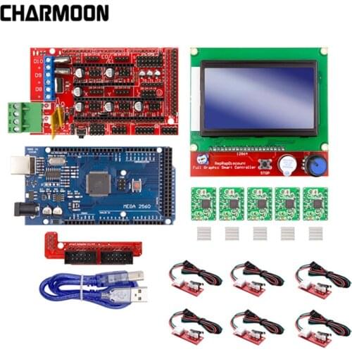 For Arduino 3D Printer Kit Mega 2560 R3 + RAMPS 1.4 Controller + LCD 12864 + 6 Limit Switch Endstop + 5 A4988 Stepper Driver