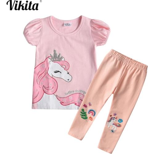 VIKITA Girls Unicorn Clothes Sets Summer Short Sleeve Tops Tees and Embroidery Licorne Pants 2pcs Outfits Clothing 3-8 Years