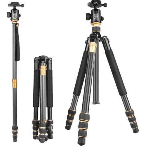 Q999C Carbon fiber light weight extendable compact digital DSLR video camera tripod 15KG load heavy duty tripod camping stool