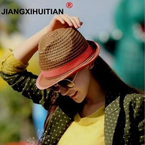 2017 Fashion Summer Straw Womens Sun Hats Fedora Trilby Gangster Cap Summer Beach Sun Straw Panama Hat with Ribbow Band Sunhat