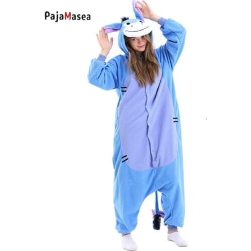 PAJAMASEA Blue Donkey Onesie Animal Men Adults Cartoon Fleece Overall Button Cosplay Jumpsuit Homewear Costumear RaccoonKigurumi