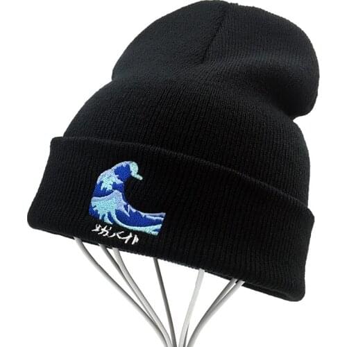 2020 New Fashion Harajuku Black Couple Wave Embroidery Beanies warm hat men women winter Hip hop cap hats
