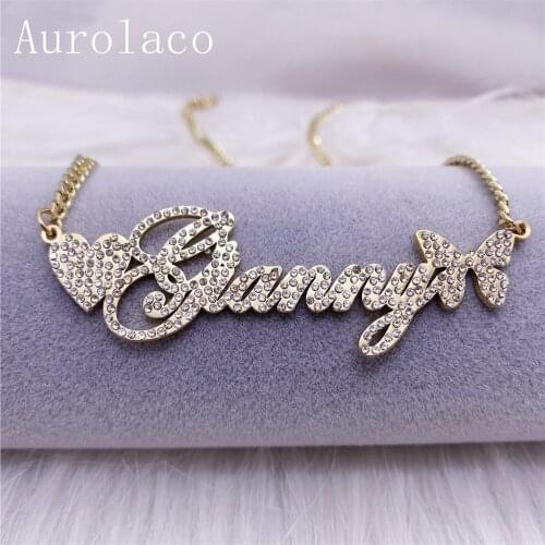 AurolaCo Custom Name Necklace with Diamond Custom Bling Name Necklace with Heart Custome Cuban Necklace For Women Holiday Gifts