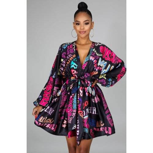 Felyn 2020 Best Quality Famous Brand Dress Print V-neck Long Sleeve Sexy Party Night Club Mini Dress Vestidos