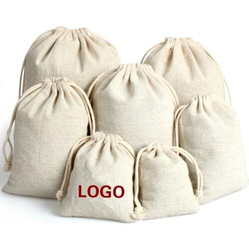 20PCS Cotton Linen Gift Bag Custom Jewelry Packaging Drawstring Pouch Makeup Wedding Party Candy Storage Bag Sachet Print Logo