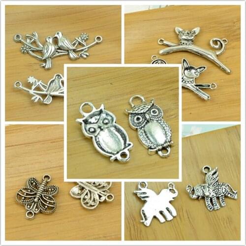 2/two holes connector elephant/butterfly/cat/bird/owl/animals shape pendant antique silver vintage jewelry accessories findings