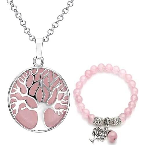 Silver Plated Tree of Life Natural Rose Pink Quartz Pendant Link Chain Necklace Bracelet Green Aventurine Jewelry Sets
