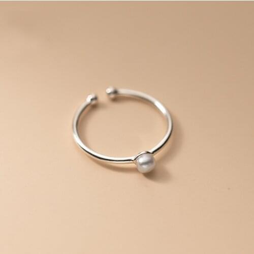 Real 925 Sterling Silver Simple Single Pearl Open Rings for Women Girls Fine Jewelry