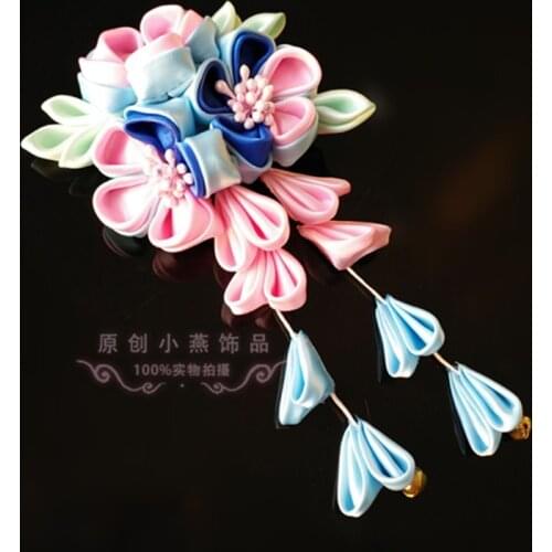Pink Blue Sakura Hairpin Hair Clip Tsumami zaiku Japanese for Kimono Hanfu Tassel Barrettes Kanzashi Handwork Headdress Cosplay