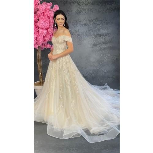 Low Shoulder Silver Embroidered Helen Wedding Dress Bridal Gown Custom Design Evening Dress Quality Embroidered Fabric