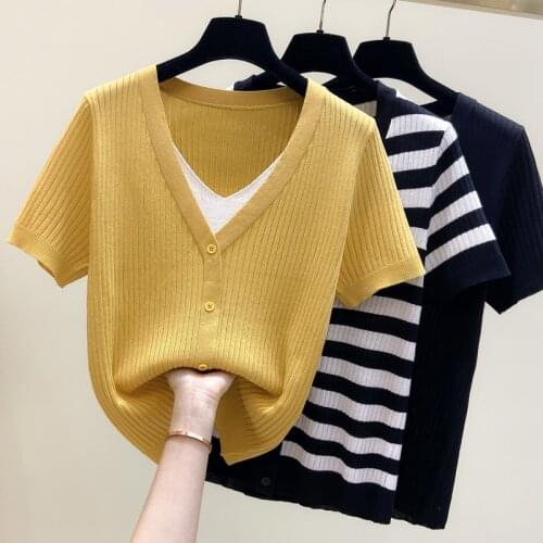 Knitted Jumper Summer Tops V-Neck Pullovers Casual Sweaters Women Button Short sleeve Short Oversized Stripe Sweater Girls