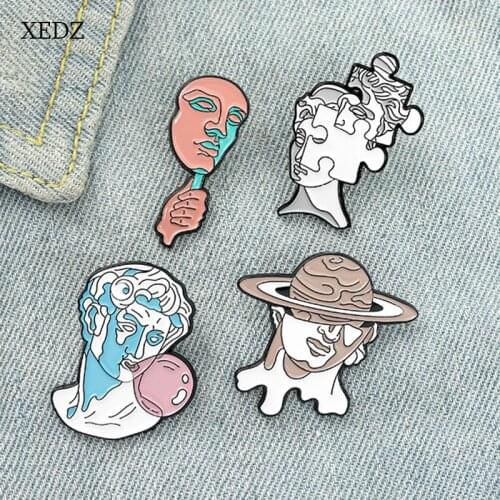 XEDZ Fun Art Sculpture Human Head Enamel Pin Planet Graffiti Puzzle Head Badge Costume Decoration Gift