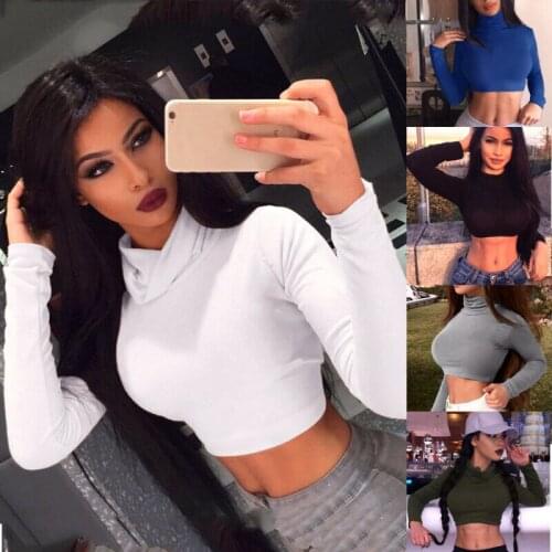 Women Slim Shirt Turtleneck Crop Tops Long Sleeve Short T-Shirt Female Autumn Tops and Tees Short Casual T-shirts