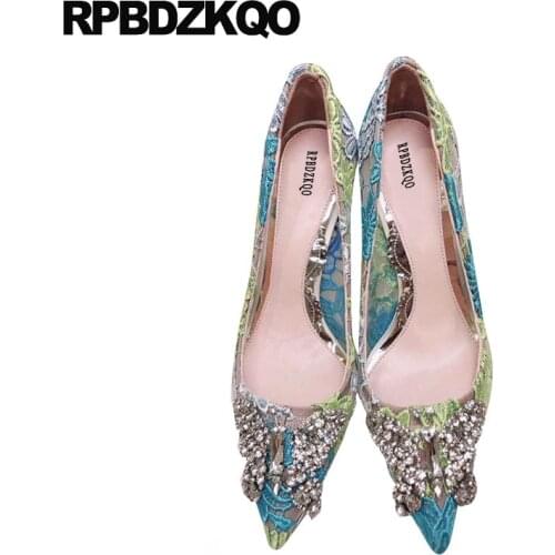 Lace Blue Slip On 3 Inch Rhinestone Sexy Women Shoes Rhinestones Pumps Stiletto Luxury Pointed Toe Glitter High Heels Spring
