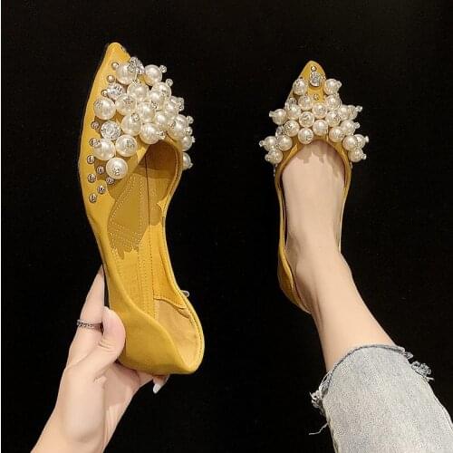 2021 Spring New Luxury Pearl Women Shoes Pointed Toe Woman Loafers Beaded Lady Ballet Flats Party Shoes Slip on Shoes
