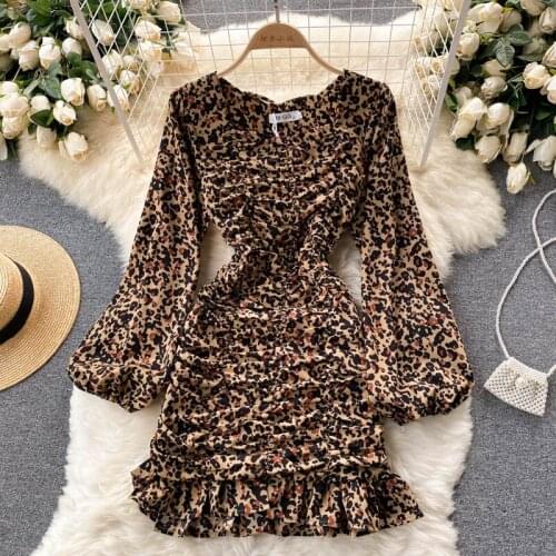 SINGREINY Women Retro Leopard Print Dress Puff Sleeve Square Collar A-line Ruffles Dresses Autumn Korean Streetwear Short Dress