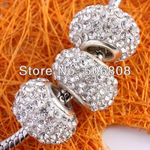 50PCS White Clear Pave Crystal Rhinestone Resin Rondelle Disco European Charm Bracelet Beads / Big Hole Beads
