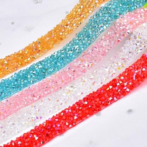 AAAAA 5 Yards/Lot Hotfix Rhienstone Trim 1.5cm Width Colorful Resin Applique Iron On Tape Banding Mesh Wedding Dress Belt DIY