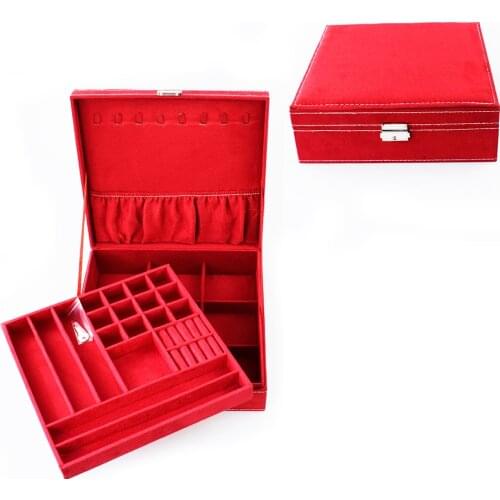 Dark Red two-layer lint jewelry box organizer display storage case with lock