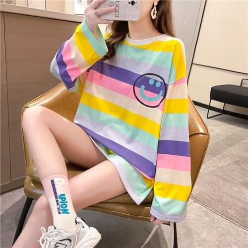 EasyCore Rainbow Stripe T-shirt Girl Smile Face Long Sleeve Baggy Tops
