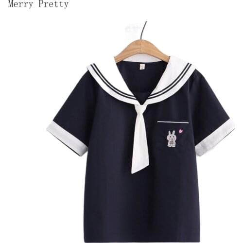Harakuju Cartoon Rabbit Embroidery Cute Blouse With Tie Women 2021 Summer Short Sleeve Sailor Collar Korean Ladeis Pullove Tops