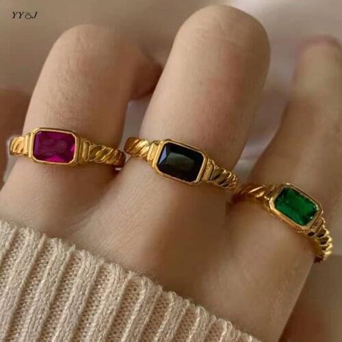 Black zircon stone square signet rings for women stainless steel stripe gold rings stackable vintage wholesale trendy