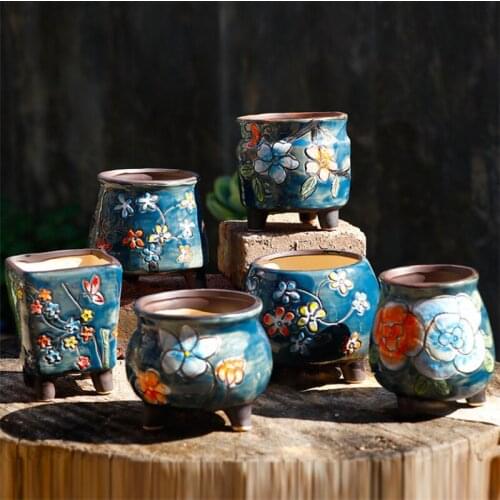 Ceramic Retro Flower Pot Pottery Hand Painted Succulents Plants Pots Office Desktop Bonsai Garden Small Planters Home Decoration