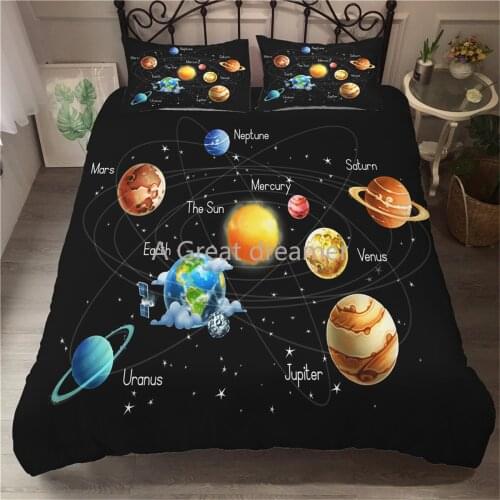 New Cartoon Solar System Duvet Cover Set Black Galaxy Planets Bedding Soft Microfiber Single Double Kids Bed Set Pillowcase